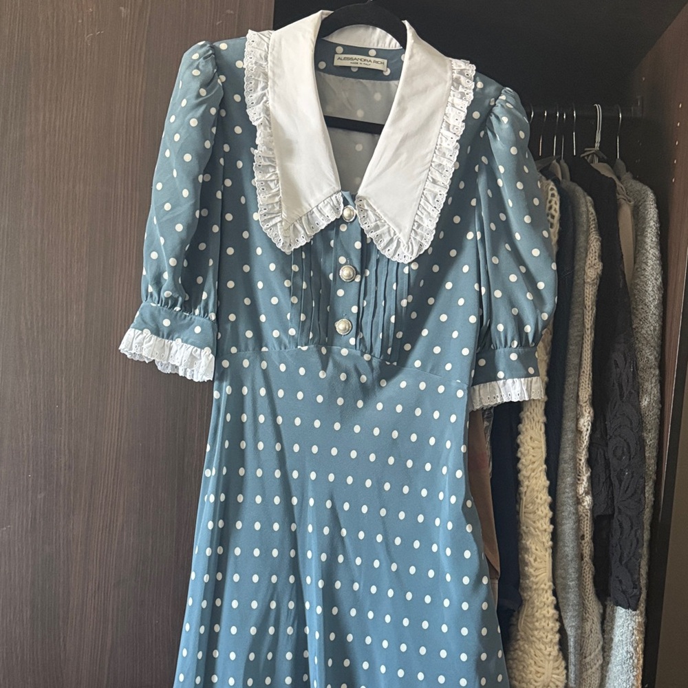 Alessandra Rich Teal Polka Dot Dress with White Ruffled Collar